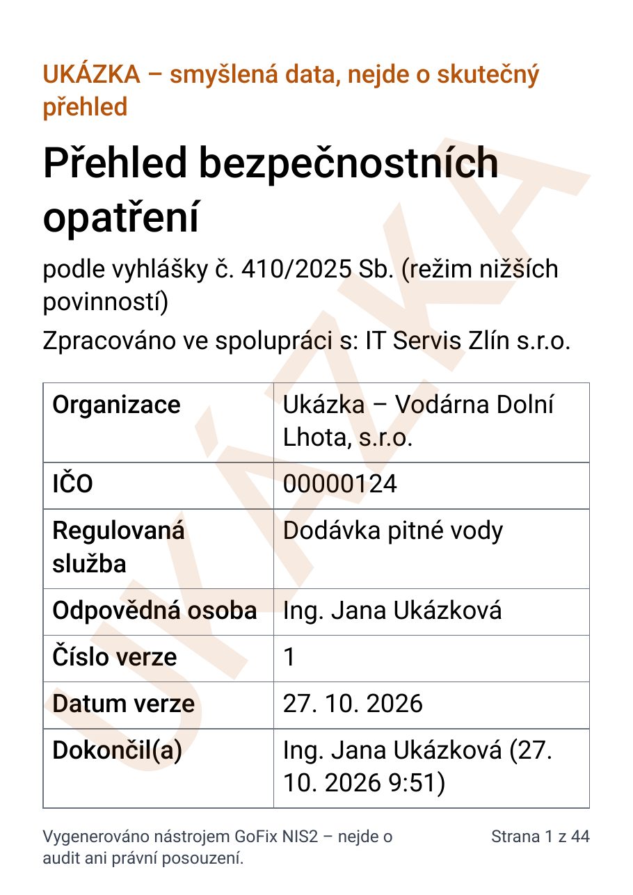 Titulní strana exportu přehledu bezpečnostních opatření do PDF se značkou IT firmy